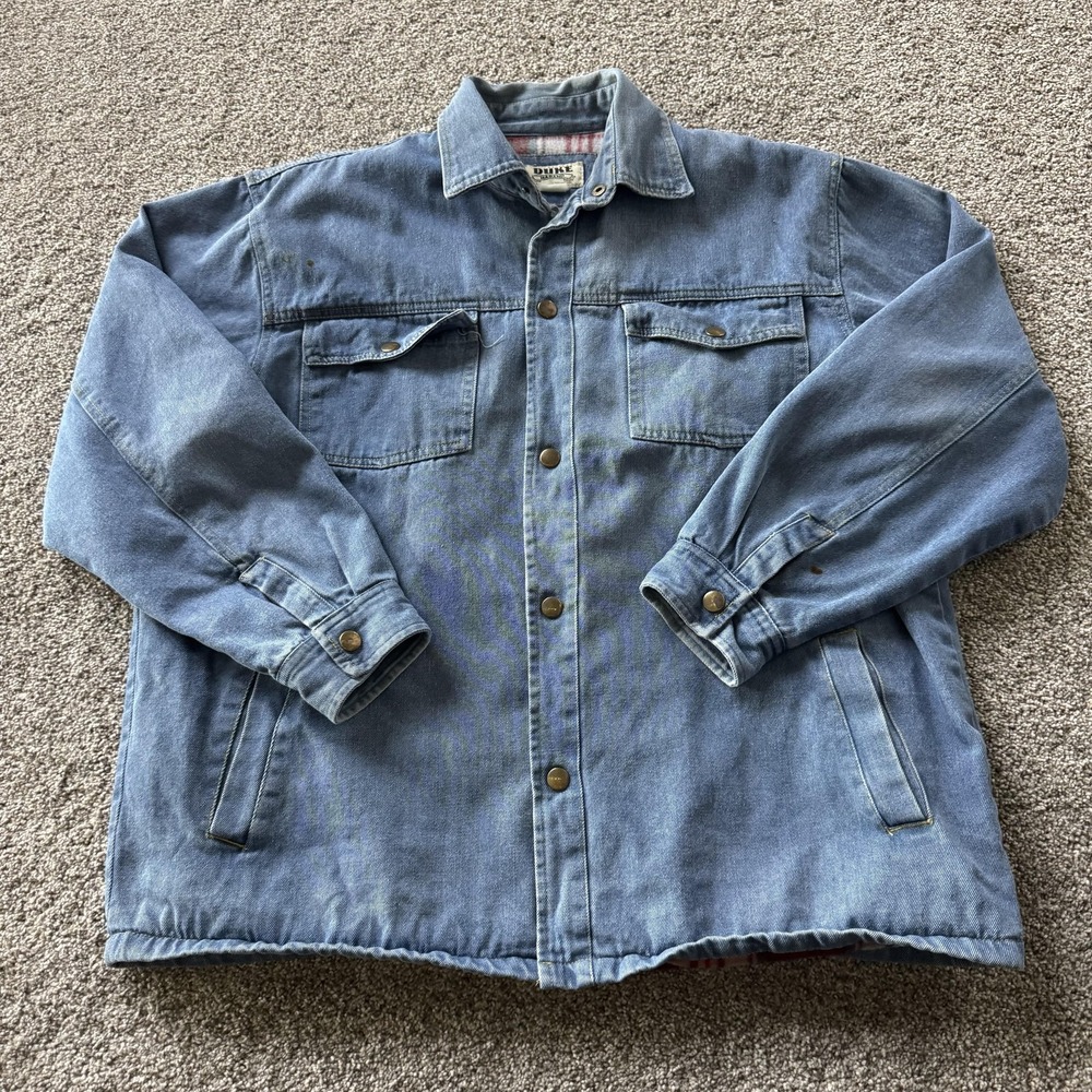 Duke Haband Jacket Mens 2XL Blue Denim Snap Front Plaid Lined Workwear Casual